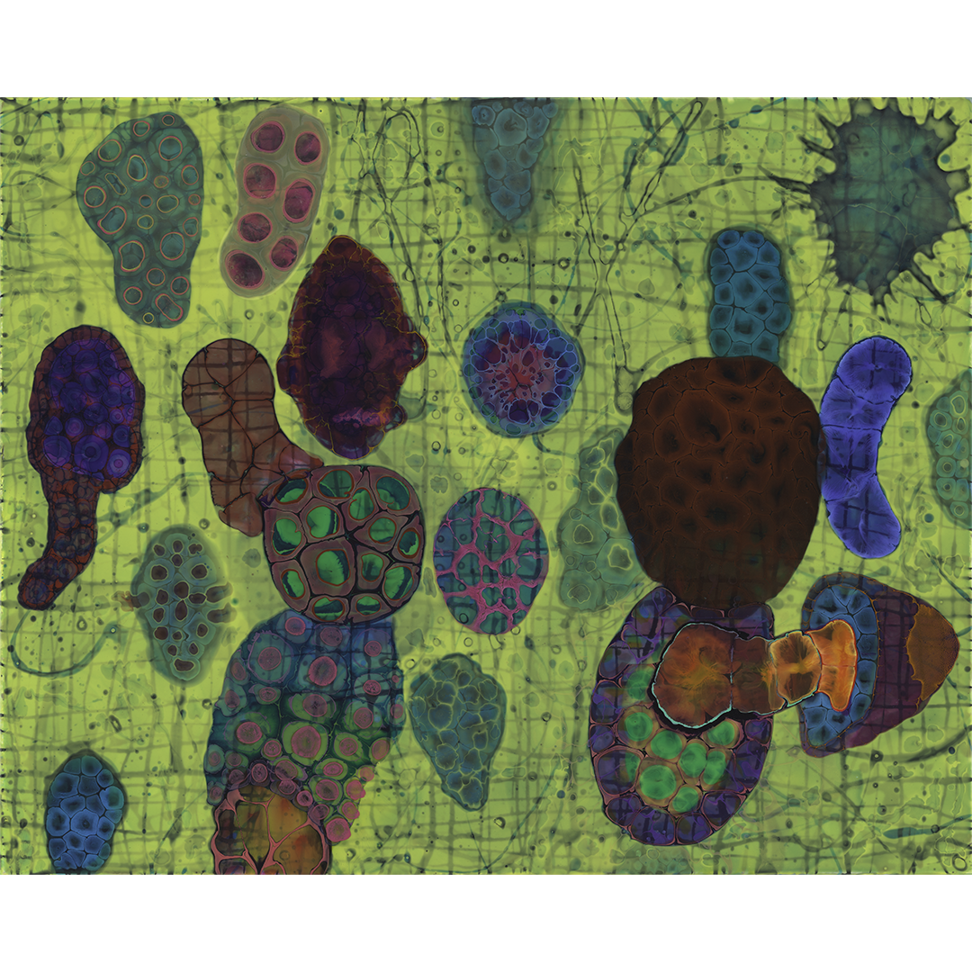 Fragment, 61 cm x 72 cm, 24 " x 30", 2023 Urethane and acrylic binders, pigments in dispersal water, dry iridescent pigments on panel. Fragment has a matte finish.